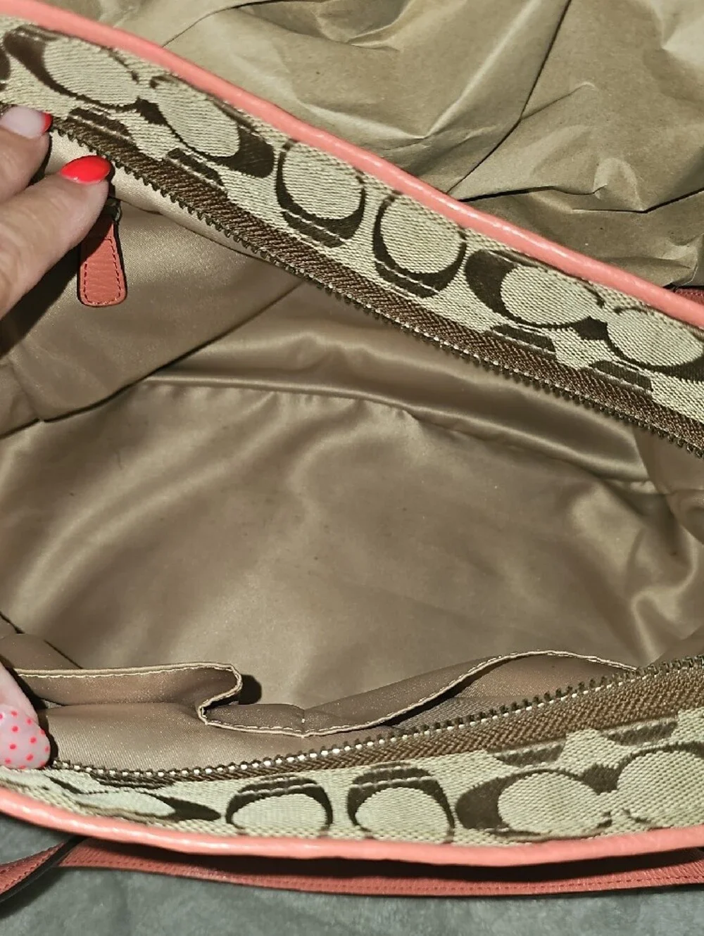 COACH Carrie Signature Canvas Tote with Coral Trim